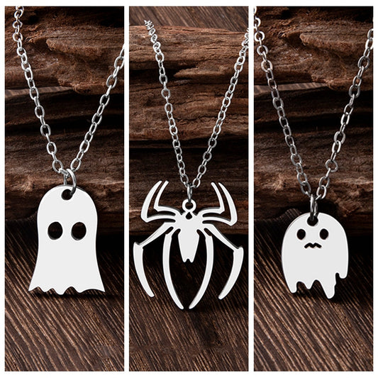 Punk Gothic Halloween Necklace – Ghost & Spider Pendant for Women & Men